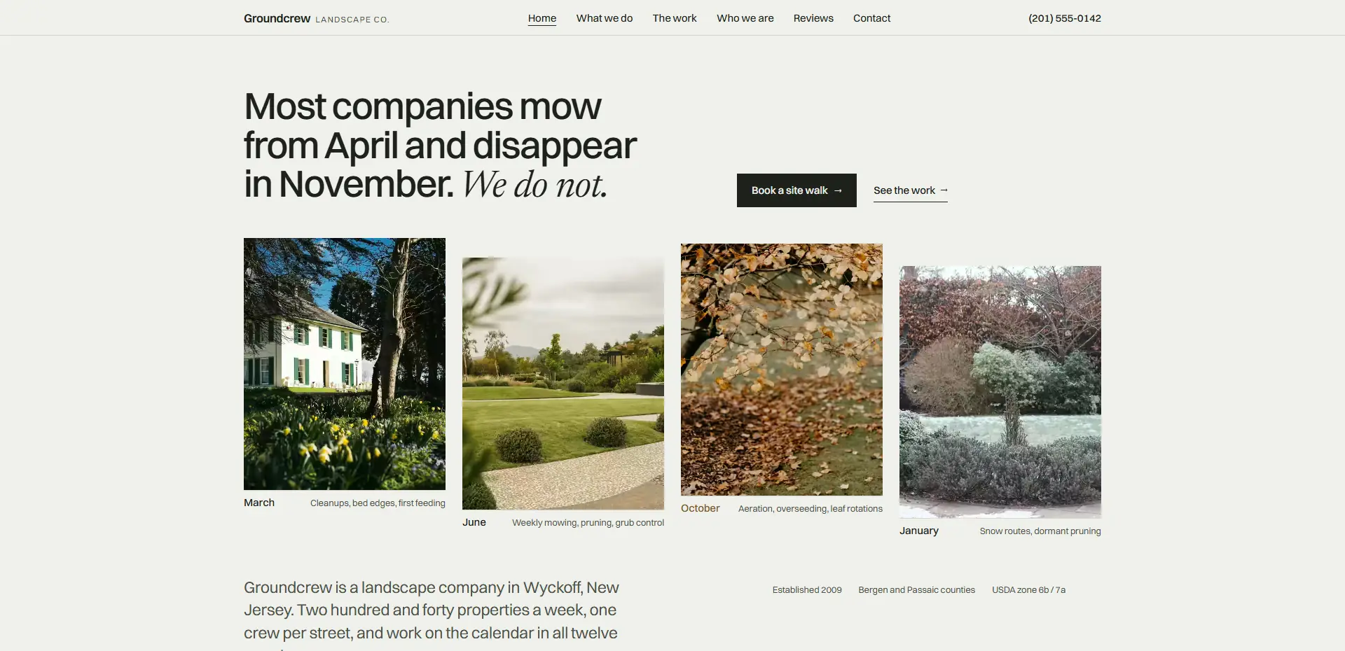 The Groundcrew Landscape Co. home page, showing four seasons of the same property