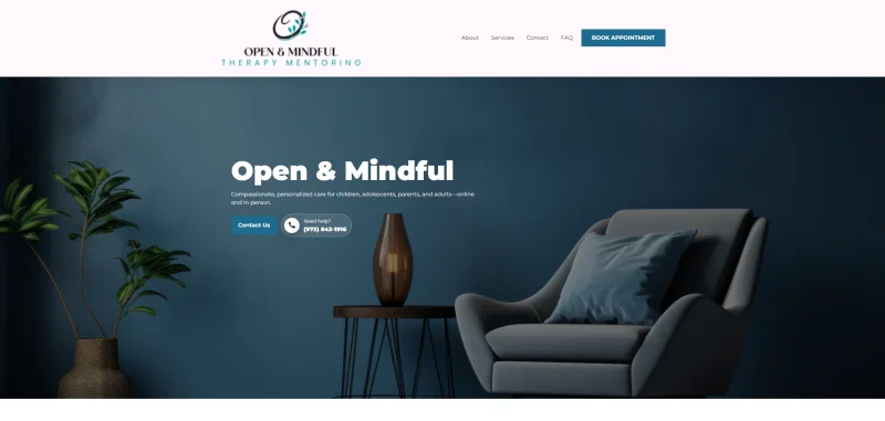 Open and Mindful Therapy website shown on desktop