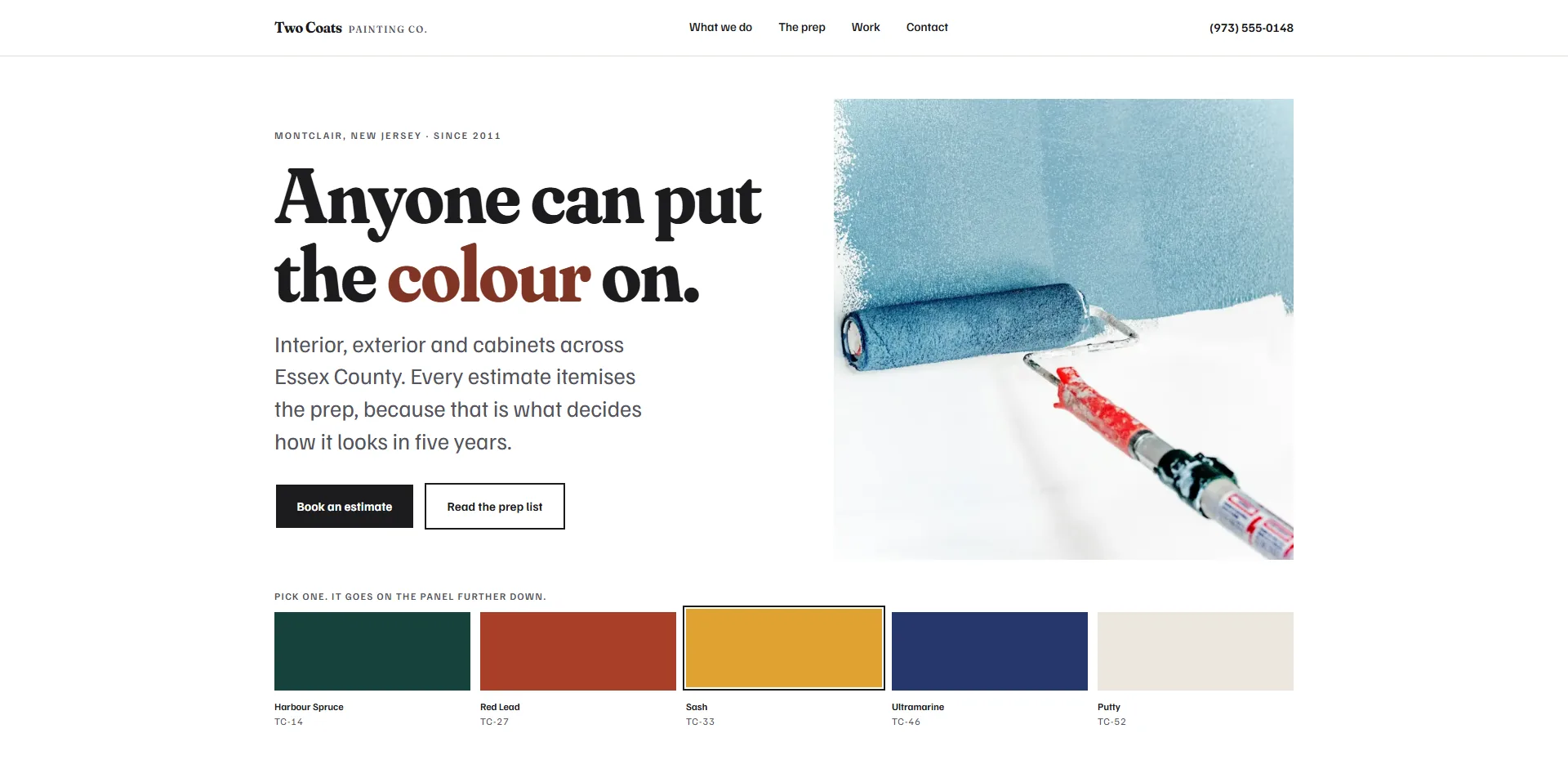 The Two Coats Painting Co. home page, with a row of paint deck swatches under the headline